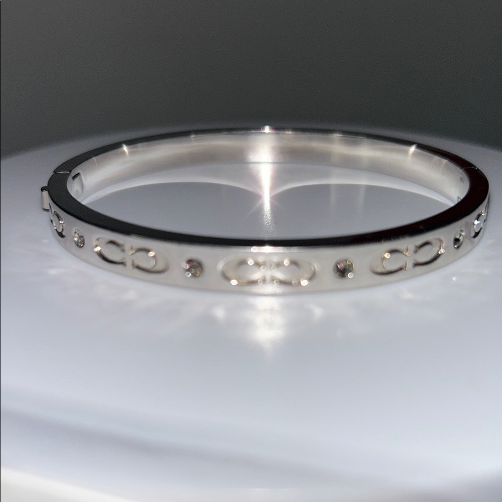 Coach Kissing C Hinged Silver Bangled Bracelet with Crystals 7” NWOT w/Dust Bag